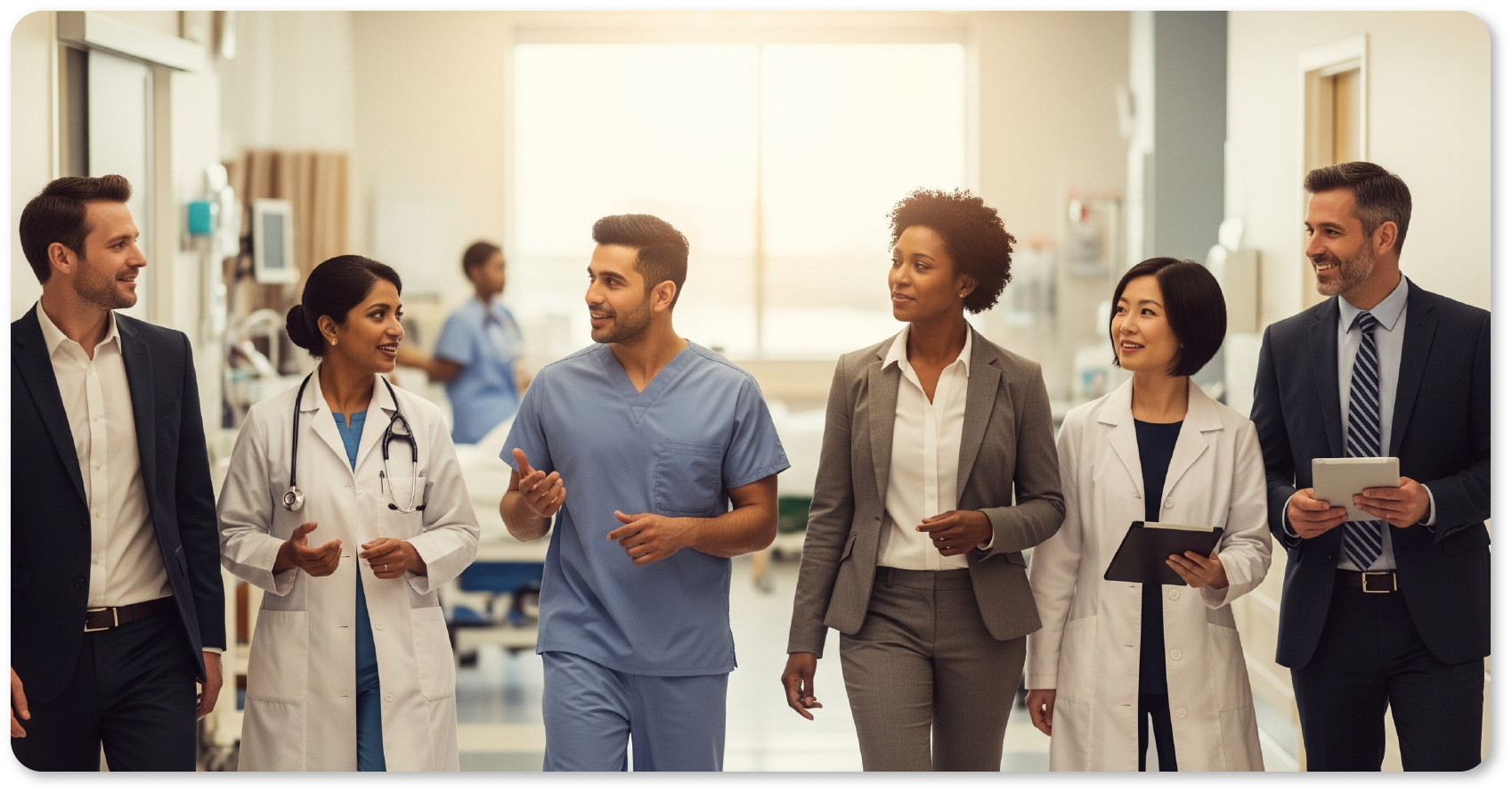 Healthcare professionals walking in hospital corridor